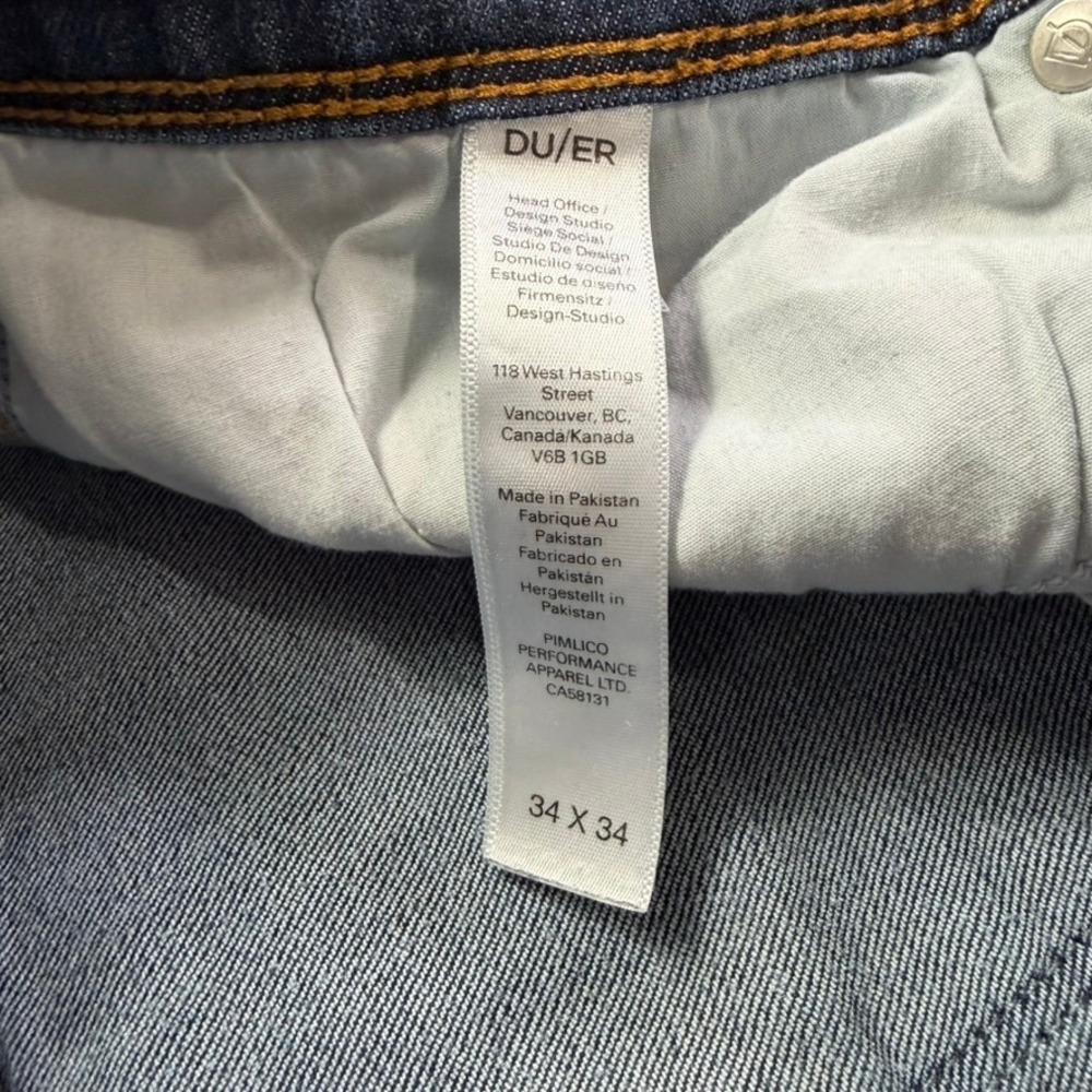 DU/ER L2X Slim Fit Jeans Mens 34x34 Dark Wash Blue Performance Denim Stretch - Picture 9 of 16